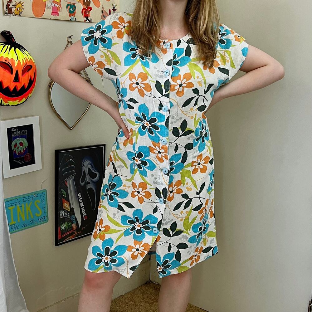 Vintage 60s/70s Handmade Orange and Blue Floral Dress Size Large XL